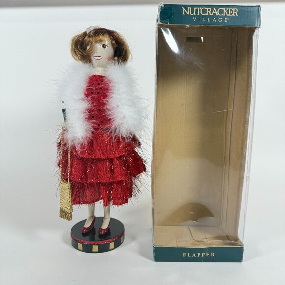 Nutcracker Village Flapper Figurine Red Dress Faux Fur Shawl Vintage - Picture 14 of 15